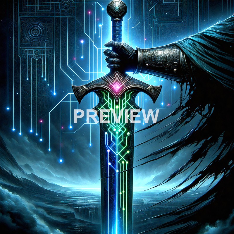 A glowing, high-tech sword with circuit-like patterns and a futuristic design is held upright by a armored hand against a digital, cosmic background with floating data points and circuitry.